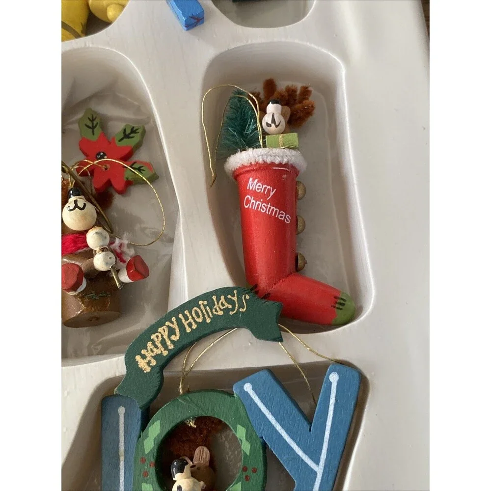 12 Vintage Painted Wooden MOOSE THEMED Christmas Ornaments Bottle Brush Animals